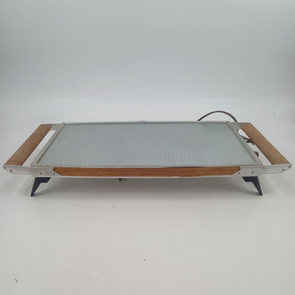 Vintage Hotray Electric Warming Tray Wood Handles Metal Surface Model H-130